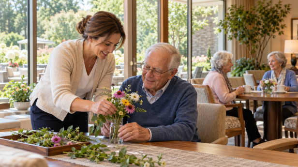 Caregiver and older resident arranging fresh flowers together in a bright community room.